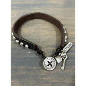 Fossil Dark Brown Leather Bracelet Charms Key Beads 7"